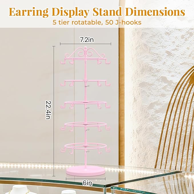 EsLuker.ly Earring Holder Organizer Rotating Display Tree Stand, Adjustable Height Earring Card Hanger Rack with 50 Hooks for Vendors Market Selling, 5 Tier Metal Jewelry Storage Tower, Pink