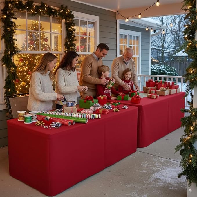 HolidayIdeas 2 Pack Red Fitted Tablecloth for 8ft Tables, 4-Sided Christmas Table Cover for Holiday Markets, Yard Parties, & Gift Tables, Wrinkle-Resistant Washable Xmas Decorations