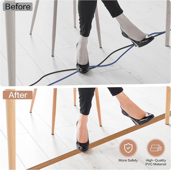 Floor Cord Cover Self Adhesive Cord Hider Floor Extension Cord Covers for Floor Power Cord Protector Cable Management Prevent Cable Trips Cable Cavity 0.59" W x 0.31" H (Light Brown Wood, 20Ft)