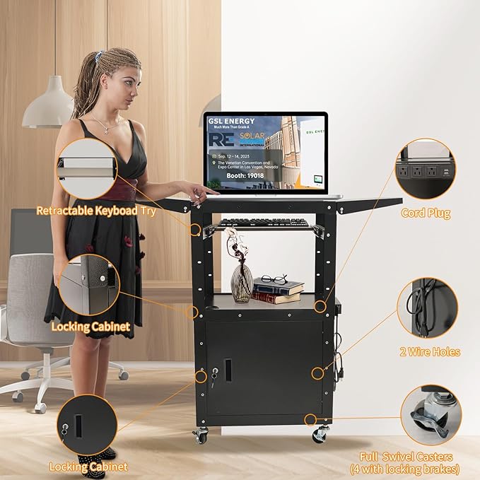 AV Cart, Steel AV Cart with Locking Cabinet and Pullout Keyboard Tray, Adjustable-Height Rolling Media Cart with Wheels & Power (43”x18”x43”)