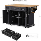 Yayzy Rolling Kitchen Island with Drop Leaf, 4 Cabinet Doors, 3 Drawers & Side Storage Racks, Mobile Kitchen Cart with Rubberwood Top & Locking Wheels for Dining Room & Kitchen, 54-Inch, Black