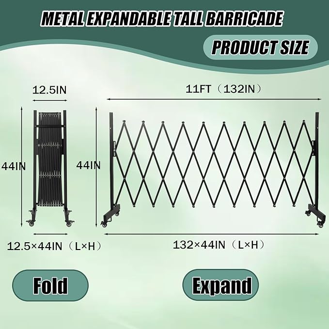 11 FT 44" High Industrial Metal Expandable Barricade，Retractable Traffic Fence with Casters, Folding Security Gate, Portable Barricade Gate for Construction Area, Traffic Control, Driveway and Garden