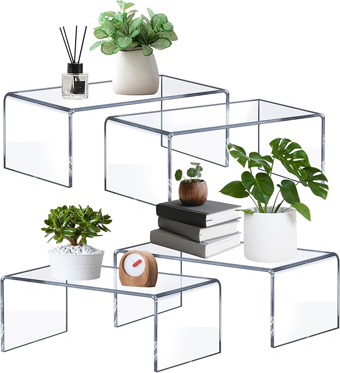 Large Acrylic Risers 4 Pcs - 5mm Thick Clear Display Risers (12.4″ x 5″ x 5″) for Perfume Organizer, Collectibles, Figures, Jewelry & Retail Showcase