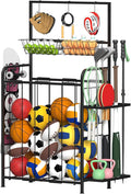 HEOMU Sports Equipment Organizer, Ball Organizer with Elastic Rope and Side Rack, Garage Ball Storage with 5 Hooks and 2 Baskets, Basketball Rack for Garage, Gym, Indoor or Outdoor, Black