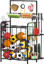 HEOMU Sports Equipment Organizer, Ball Organizer with Elastic Rope and Side Rack, Garage Ball Storage with 5 Hooks and 2 Baskets, Basketball Rack for Garage, Gym, Indoor or Outdoor, Black