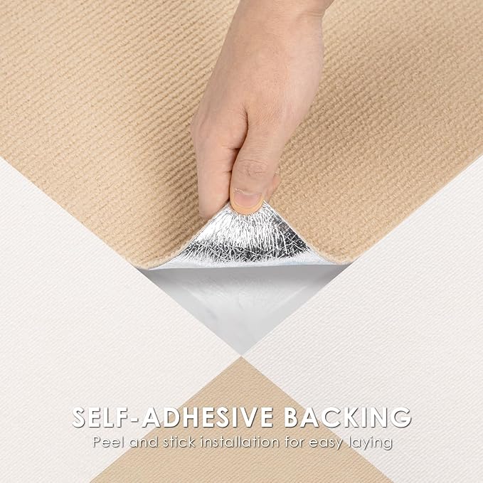 Carpet Tile 30 Pack 12” X 12” Self Adhesive Carpet Floor Tiles Anti-Slip Squares Peel and Stick Floor Tile DIY Installation for Bedroom (Beige-Camel)