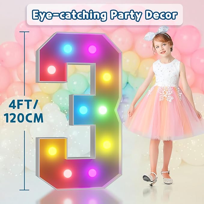 imprsv 4FT Colorful Marquee Numbers,18 Colors with Remote, Light Up Numbers 3 for 3rd 30th Birthday Decorations Anniversary Party Decor, Pre-Cut Foam Board Kit, Mosaic Sign for Balloon