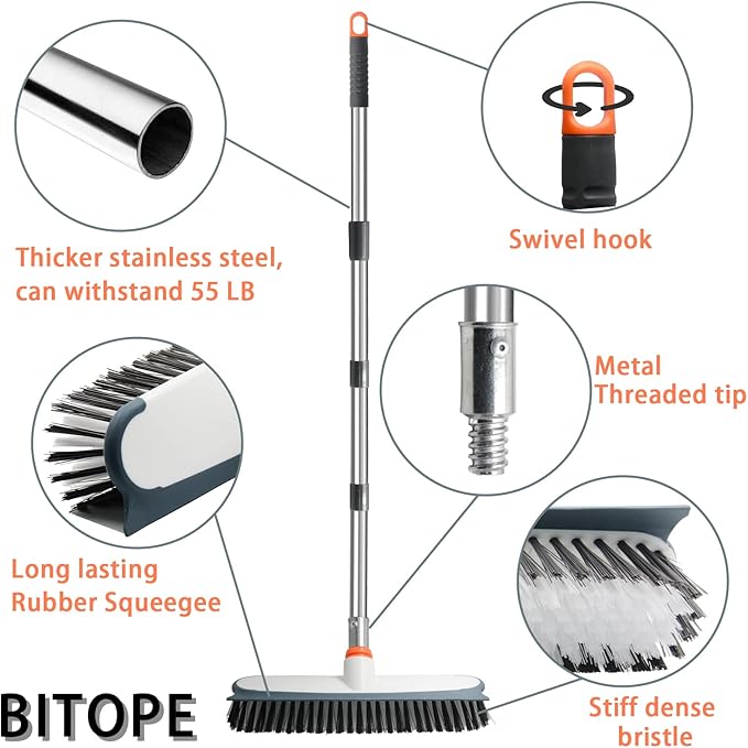 Heavy Duty Floor Scrub Brush and Grout Cleaner Tool with Long Handle Deck Brush with Stiff Bristles Outdoor Scrubber for Cleaning Deck Tile Kitchen Swimming Pool Bathroom(2 Pack Brush Head)