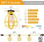 50FT Construction String Lights, 50W 5 Bulbs Work Lights with E26 Base, IP65 Waterproof, 4000LM 6500K Indoor & Outdoor Temporary Lighting for Workshop, Mine cave, Job Site
