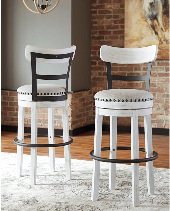 Signature Design by Ashley Valebeck Tall Upholstered Swivel Barstool, Cushioned Seat, Nailhead Trim, Wood and Metal, 30" H, Whitewash