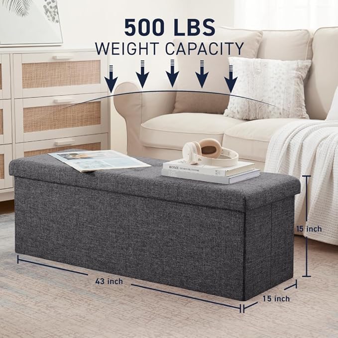 Ornavo Home 43 Inch Folding Storage Ottoman with Storage Bench, Long Large Storage Ottoman Bench, Storage Chest, Foot Rest Stool, Bedroom Bench with Storage - (Dark Gray)