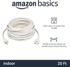 Amazon Basics Extension Cord, 20 Ft, 3 Prong Outlet Extender, Indoor Extension Cord, 13 Amps, 125V, White