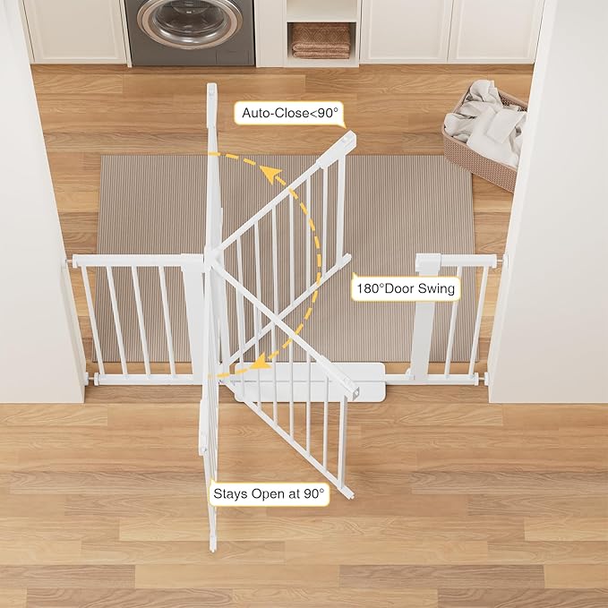 Cumbor 29.7-48" Baby Gate for Stairs, Mom's Choice Awards Winner-Dog Gates for Doorways, Auto Close Safety Pet Gate for Dogs Indoor, Easy Install Pressure Mounted Child Gate with Walk Thru Door, White