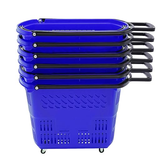 Rolling Shopping Baskets, 6PCS Shopping Carts 35L/9.2gal Plastic Rolling Shopping Basket with Wheels and Handle for Carrying and Storing Clothing Groceries (Blue)