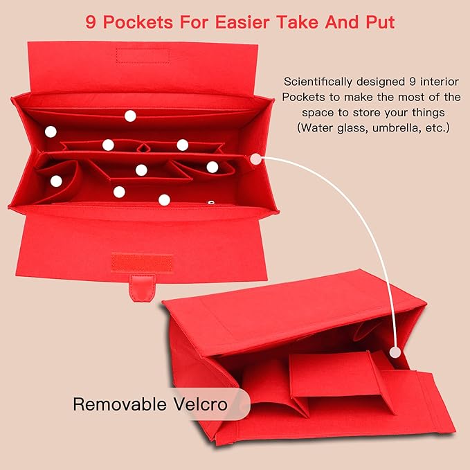 Doxo Purse Organizer Insert, Felt Tote Organizer with Zipper, Bag Insert Organizer Perfect for Lv Onthego MM 35 & D Medium Book Tote Bag (Red-With Cover)