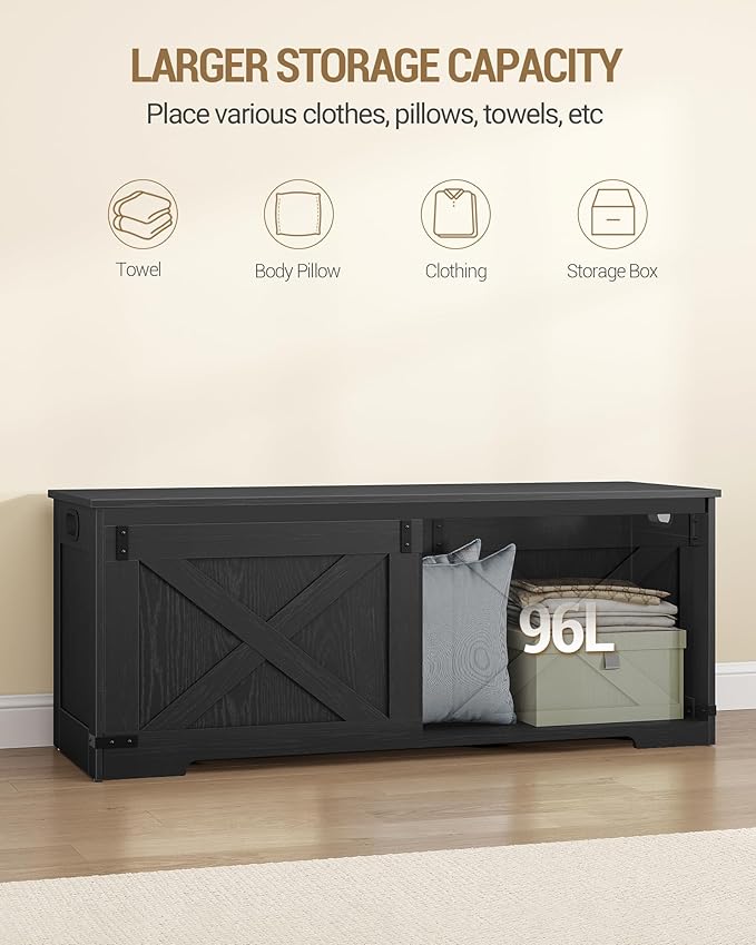 47.2" Storage Chest, Large Storage Trunk with 2 Hinges, Farmhouse Wooden Box Bench, Lift-Top Organizer Chest, Entryway Trunk for Bedroom, Living Room, Black SB12104X