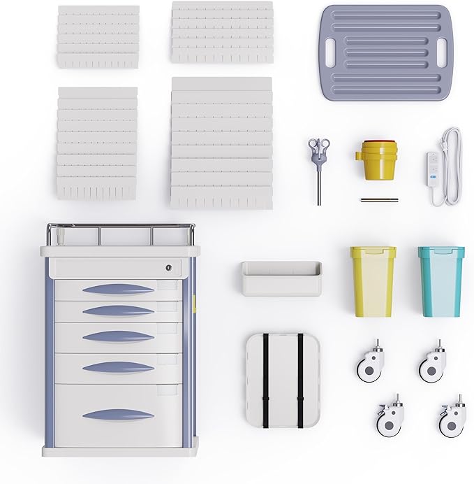 Medical Rolling Crash Cart with Accessories-CPR Board, IV Pole, O2 Holder, Trash Bin, Drawers with Dividers, Mobile Medical Cart for Clinic, Hospital, Nursing Center, Salon, 24.6”Wx19.1”Dx37.1”H