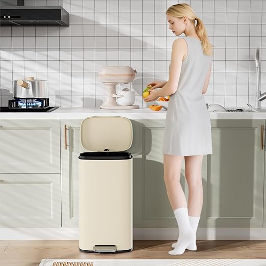 Arlopu 8/13.2 Gallon Step Trash Can, Stainless Steel Garbage Bin, Soft-Close Rubbish Bin with Removable Plastic Inner Bucket, Fingerprint-Proof, Lid Dustbin, Suit for Kitchen (Beige, 30L)