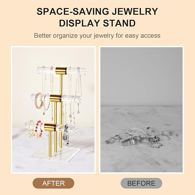 3-Tier Necklace Holder Bracelet Holder, Gold Acrylic Jewelry Display Stand Crystal T Bar Jewelry Organizer Gift for Women