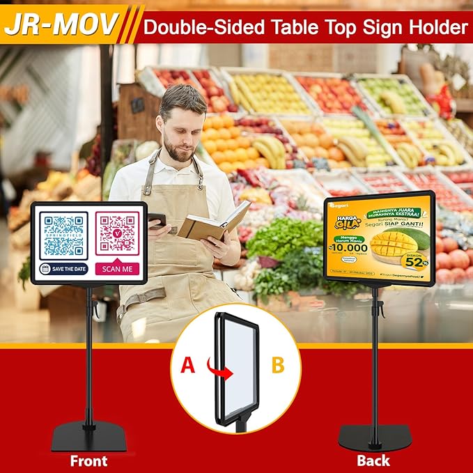 Table Top Sign Holders 8.5 x 11, Double-Sided Adjustable Floor Standing Sign Holder for Vertical Horizontal View, Black Tabletop Poster Stands for Display, Fit Retail Event Store, 8 Pack