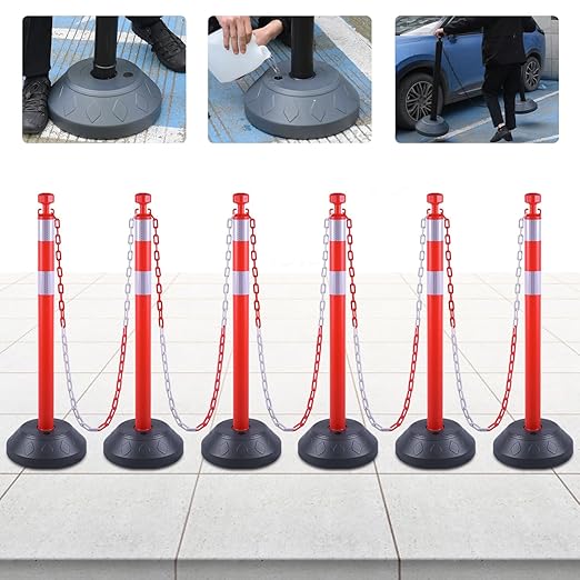 6 Pack 40" inch Work Zone Chain Post Set, Traffic Delineator Post Cones with Reflective Tapes, 6 x 6.6' Feet Plastic Chains, Portable Crowd Control Stanchion Set (Red-Water Filled Base)