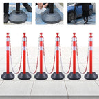 6 Pack 40" inch Work Zone Chain Post Set, Traffic Delineator Post Cones with Reflective Tapes, 6 x 6.6' Feet Plastic Chains, Portable Crowd Control Stanchion Set (Red-Water Filled Base)