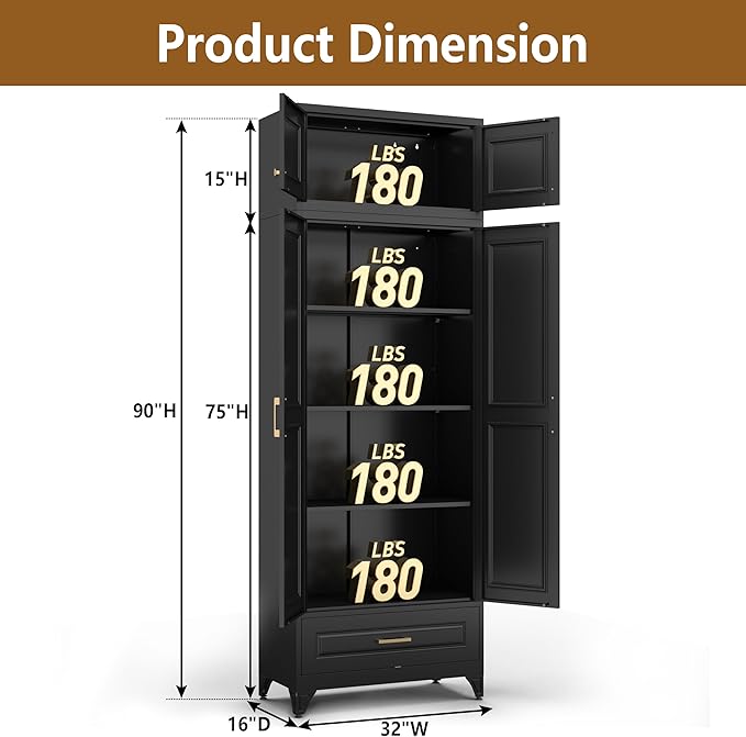 Kitchen Cabinet, 90" Tall Metal Storage Cabinet, Food Pantry cabinets with One Drawer, Black Pantry Cabinet for Dining, Living Room, 16" D x 32" W x 90" H, Assembly Required