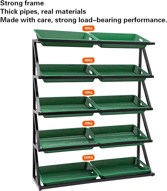 5 Tiers Retail Display Rack, Large Capacity Market Shelf Fruit and Vegetable Basket Stand Rack Set for Kitchen, Office, Store, Supremarket Utility Storage Shelves