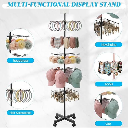 Ripeng 1 Pcs 5‑Tier Retail Display Stand – Rotating Display Rack with Wheels for Jewelry Keychains Socks Hats – Adjustable Movable Shop Spinner for Craft Shows Vendor Events & Stores Accessories,Black
