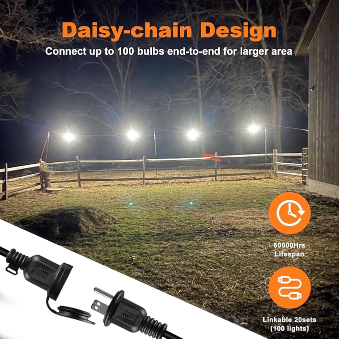 100ft LED Construction String Lights,Super Bright 15000lm 150w Adjuest 90&180 Degrees On Both Sides Waterproof IP66 Led String Work Lights, Construction Temporary Lights (100ft-Adjustable 10lights).
