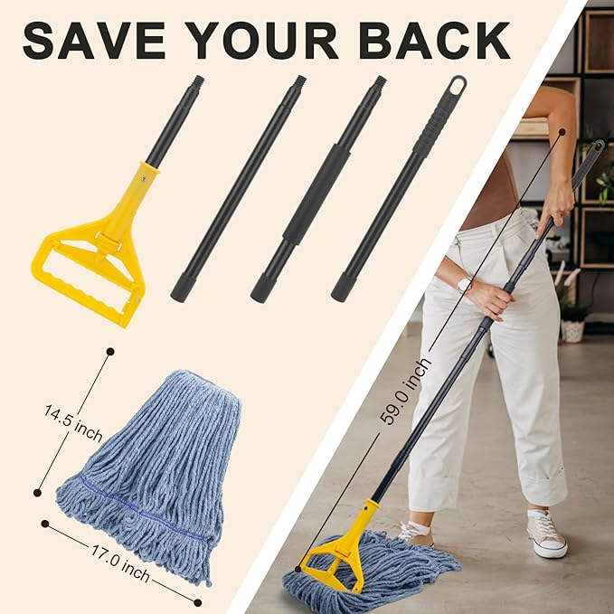 Commercial Industrial Mop with 3 Extra Large Reusable Replacement Head,59" Long Handle Heavy Duty Wet Mops,Looped-End String Cotton Mop for Floor Cleaning,House,Kitchen,Office,Garage,Tile