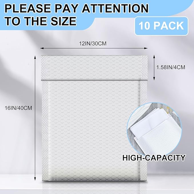 Ireer 10 Pack Extra Large 12 x 16" Bubble Mailers Poly Padded Envelopes Cushioned Mailing Envelopes Bubble Padded Mailers Self Adhesive Waterproof Shipping Bags for Business Christmas Gift Packaging