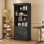 Vyre 71" Tall Farmhouse Bookshelves with Drawers, Large Modular Bookcase with Adjustable Shelves, Storage Cabinet for Living Room, Kitchen, Black, Set of 4