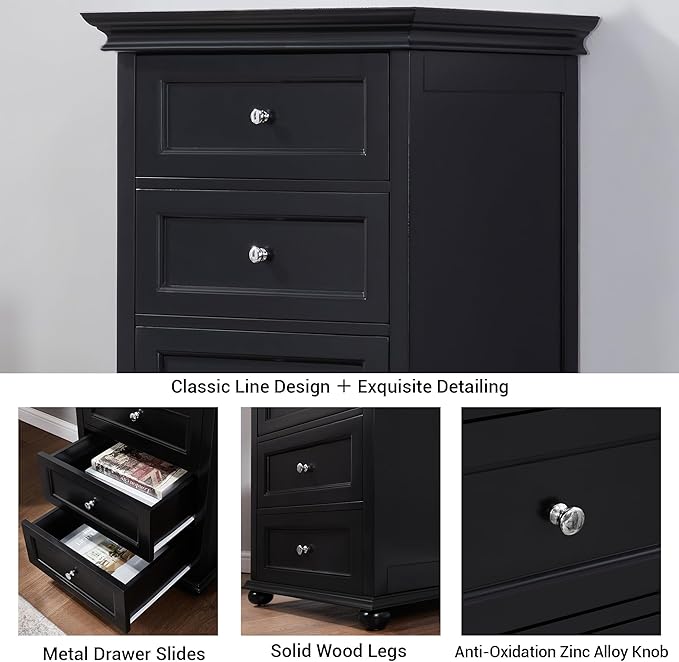 Tall Black Dresser for Bedroom with 7 Drawers, 52" Tall Modern Style Wooden Lingerie Chest with Crown Molding and Solid Wood Ball Legs, Anti-0xidation Zinc Alloy Knob(Black)