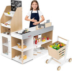 HONEY JOY Kids Grocery Store Playset, Wooden Grocery Store Pretend Play w/Cart, Cash Register Stand w/Coins, Chalkboard, Toddler Supermarket Play Toy for Boys Girls(Play Food Not Included)