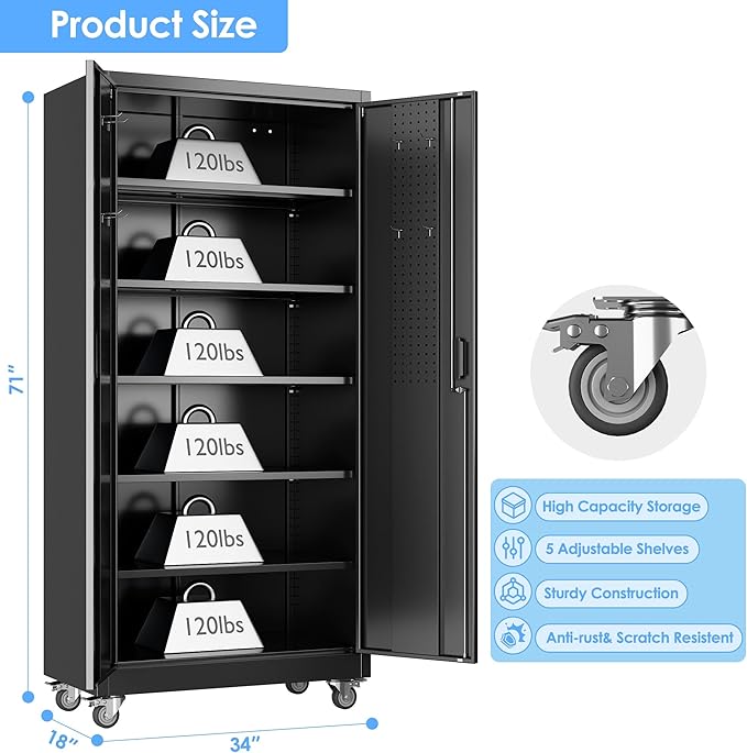 71" H×34" W×18" D Garage Storage Cabinet with Wheels, Metal Storage Cabinet with 5 Adjustable Shelves and Pegboard for Garage Home Office Utility Room,Required Assembly,Black