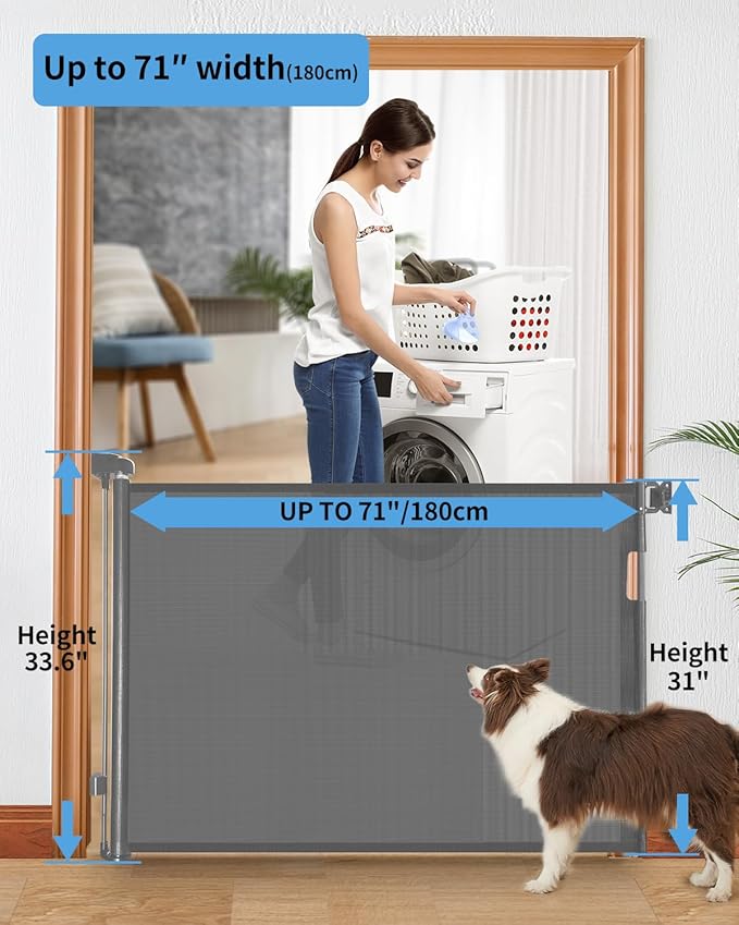 Retractable Baby Gate for Doorways and Stairs, Mesh Safety Gate for Pet, Indoor & Outdoor Use, One-Hand Operation, Easy Installation, 33.6" Tall, Expands to 55" Wide（Grey,33.6"x55"
