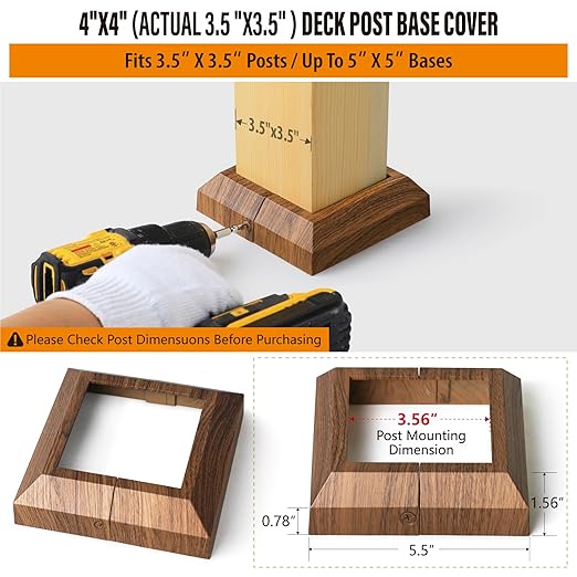 4 pcs 4"x4" (Actual: 3.5"x3.5") Aluminum Post Base Cover for Railings, Stairs, Patios, Porches - Split Deck Post Skirt (Walnut Wood)