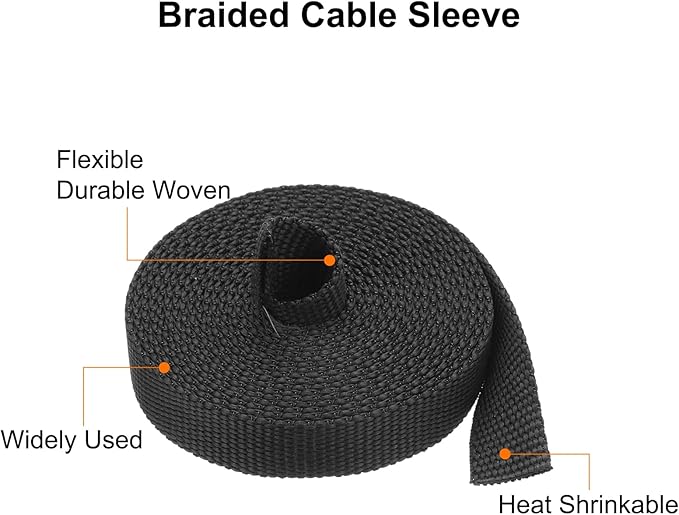 MECCANIXITY Braided Cable Sleeves Heat Shrinkable Fabric Sleeving, 1/4" 16ft Black 2:1 Ratio Heat Shrinkable Cord Protector for Harness Cable, Network Cable Protection, Cable Management