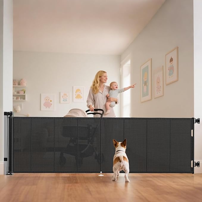 100 inch Retractable Baby Gates 34 inch Tall, Retractable Gate with Reinforced Strip Design to Prevent Crawling Through, 8 FT Extra Wide Retractable Dog Gate for Indoor/Outdoor