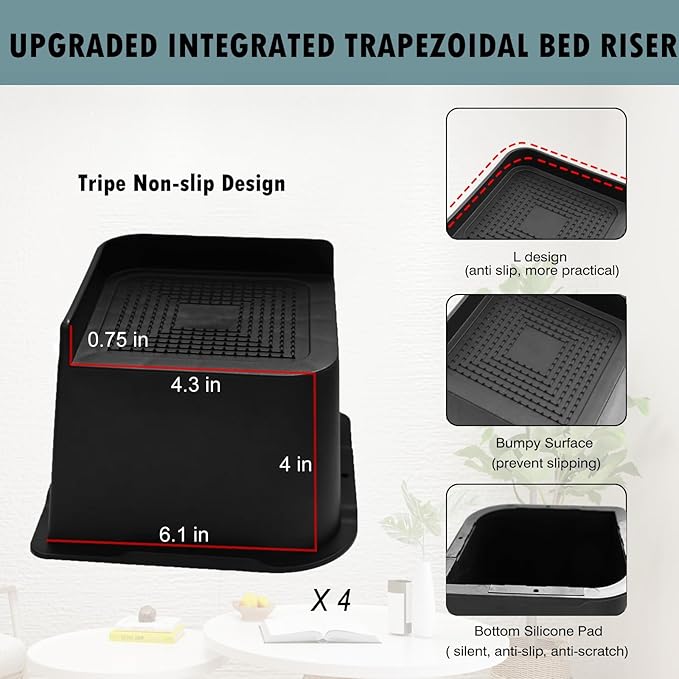 Bed Risers 4 inch Heavy Duty, Oversized Furniture Riser with Non-Slip Base for Sofa Couch Chair Desk Table Leg Dorm Bed Frame Lifts Risers Blocks Supports Up to 6,500 Lbs (Black 4 Pack)