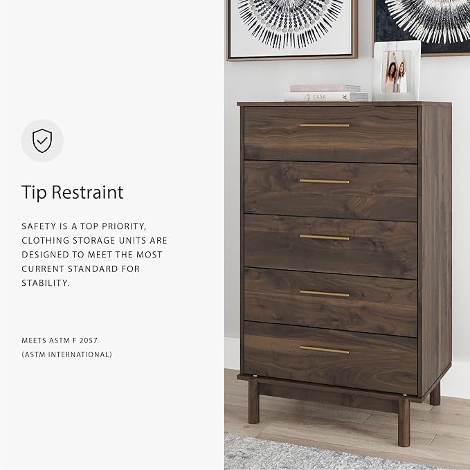 Signature Design by Ashley Calverson Contemporary 5 Drawer Chest of Smooth-Gliding Drawers and Safety Stop, Dark Brown