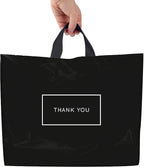 Purple Q Crafts Thank You Bags for Business Black Plastic Bags 50 Pack with Soft Loop Handle