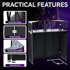 Portable DJ Booth Table,Foldable DJ Table Stand with White & Black Scrim,Adjustable D J Facade Station Triangle Plate Metal Frame with Cable Hole for Private Events, Clubs, Bars