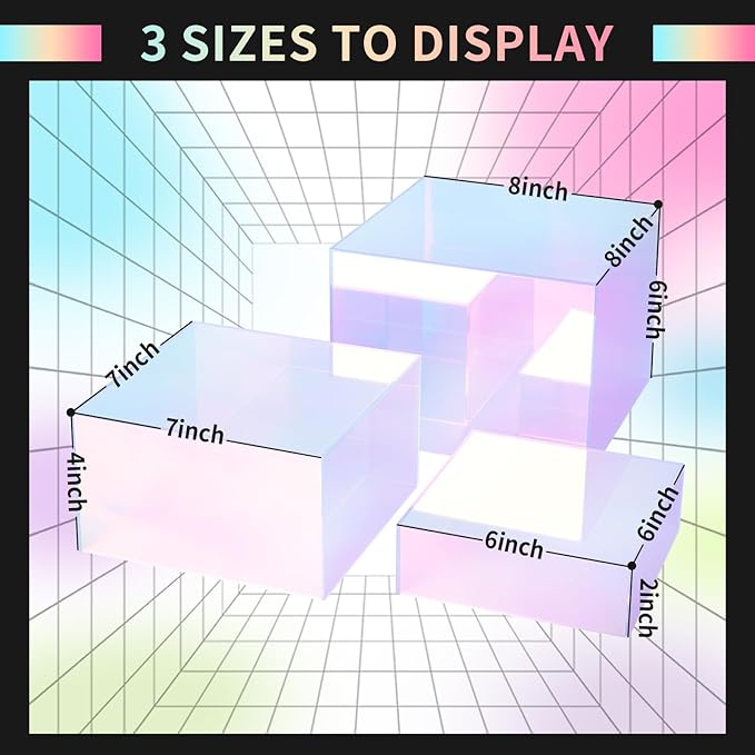 3Pcs Iridescent Display Risers, Rainbow Acrylic Risers Display Stand Acrylic Cube Box for Collectibles Jewelry Perfume Handbag Food Dessert Party Show (Iridescent-3pcs), Perfect for Christmas Decor