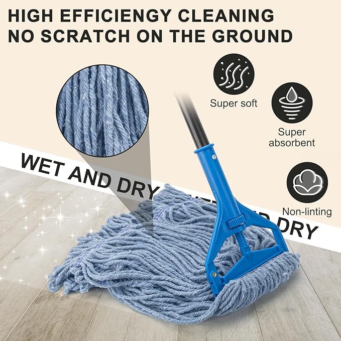 Heavy Duty Commercial Mop with 3 Extra Large Reusable Replacement Head,59" Long Handle Industrial Wet Mops,Looped-End String Cotton Mop for Floor Cleaning,House,Kitchen,Office,Garage,Tile
