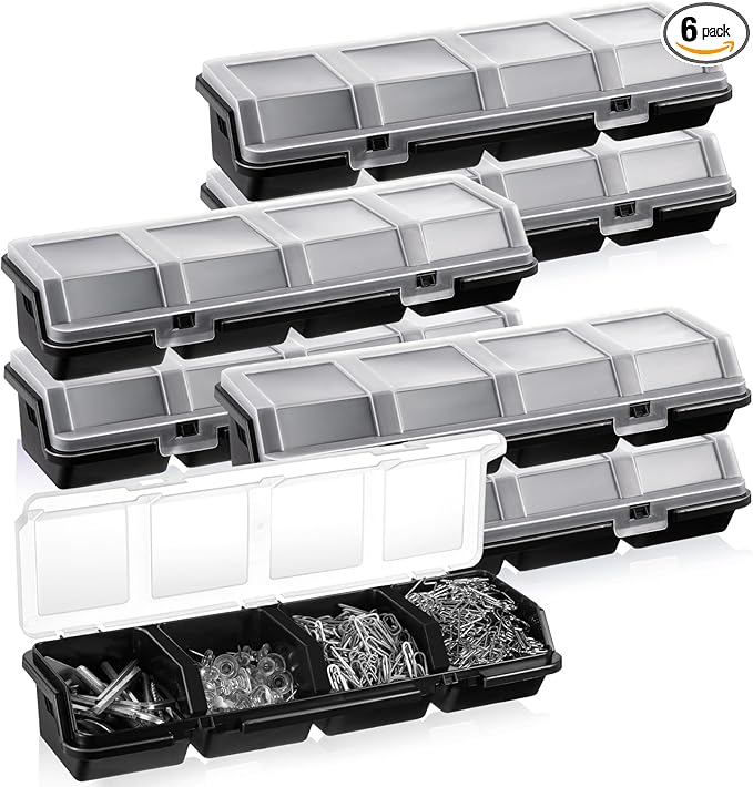 Hushee 6 Pcs Screw Organizer Box with Lid 4 Compartments Tool Bin Divider Plastic Stackable Hardware Organizer Small Part Storage Sorting Screw Box for Garage Workbench Craft Storage (Black)