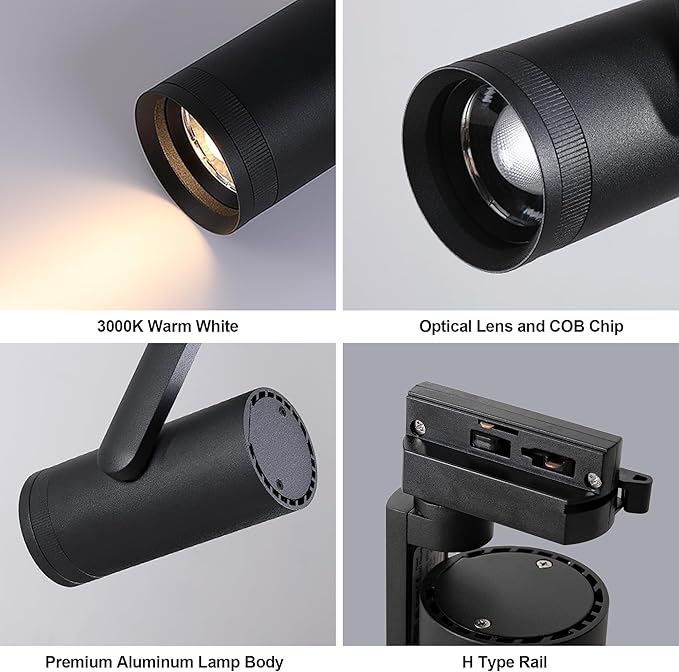 LED 12W Dimmable Track Lighting Heads with 10° to 55° Adjustable Beam Angle H Type 97 CRI 3000K Warm White Ceiling Spotlight for Accent Task Art, 1080lm, Black, 4 Pcs