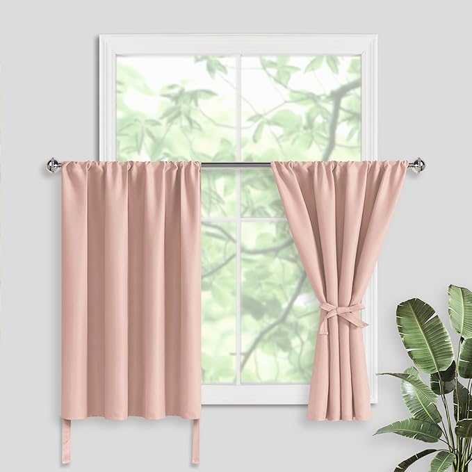 JIUZHEN Short Blackout Curtains for Small Window - Cafe Room Darkening Privacy Thermal Insulated Half Window Curtains Tiers for Bathroom,Kitchen, W 42 x L 30, Set of 2 Panels with Tiebacks, Blush Pink