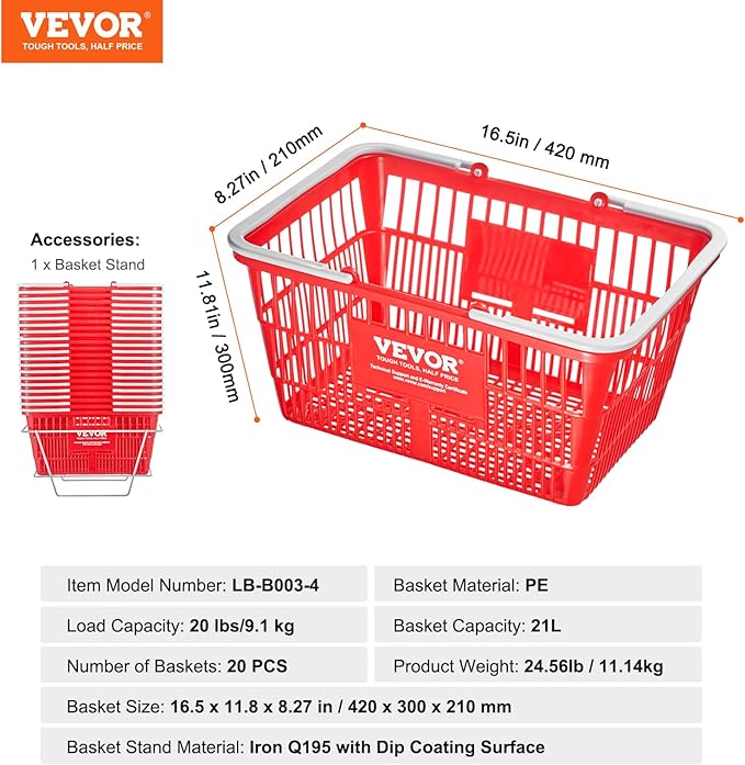 VEVOR Set of 20, 21L Red Plastic Grocery Basket with Handle and Stand, 16.5 x 11.8 x 8.27 inch Portable Shop Basket, Ideal for Retail Store, Supermarket, Grocery Shopping